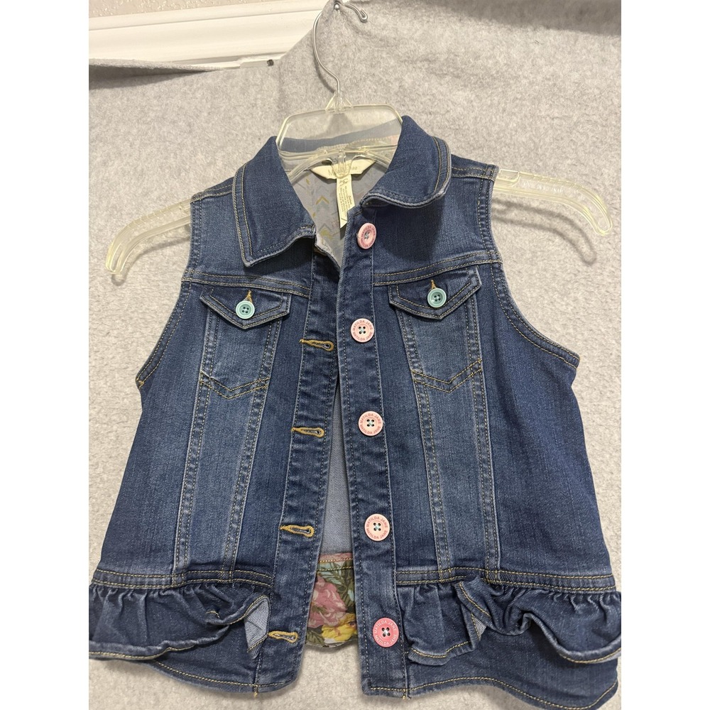 Matilda Jane Vest Girls 8 Blue Denim Button Pockets Ruffle Hem Floral Lined‎